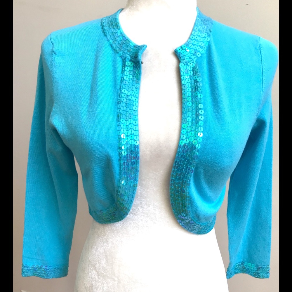 Boston Proper Bright Blue Sequined Shrug